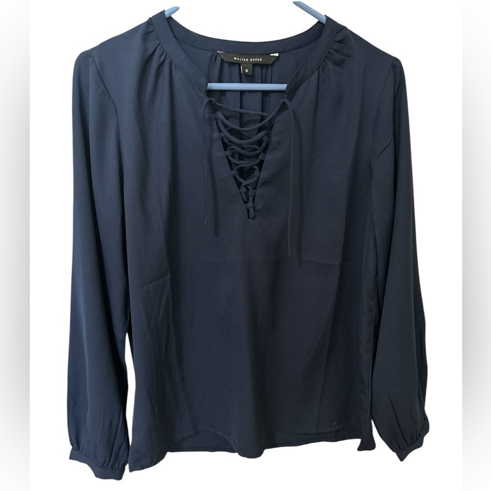 Walter Baker Lace Up Navy Blouse Long Sleeve Top Size Small